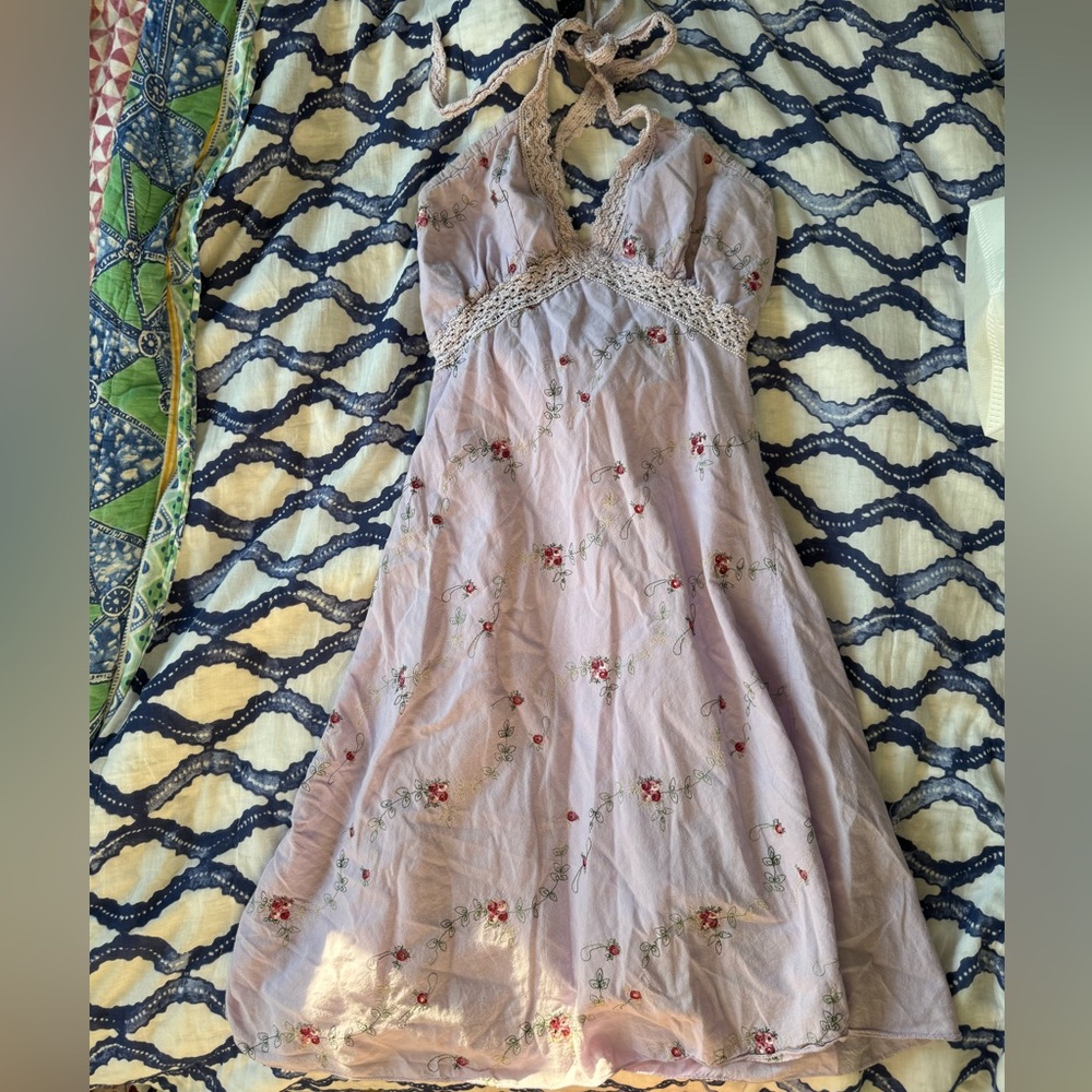 90s Vintage Purple Floral Halter Dress Crochet